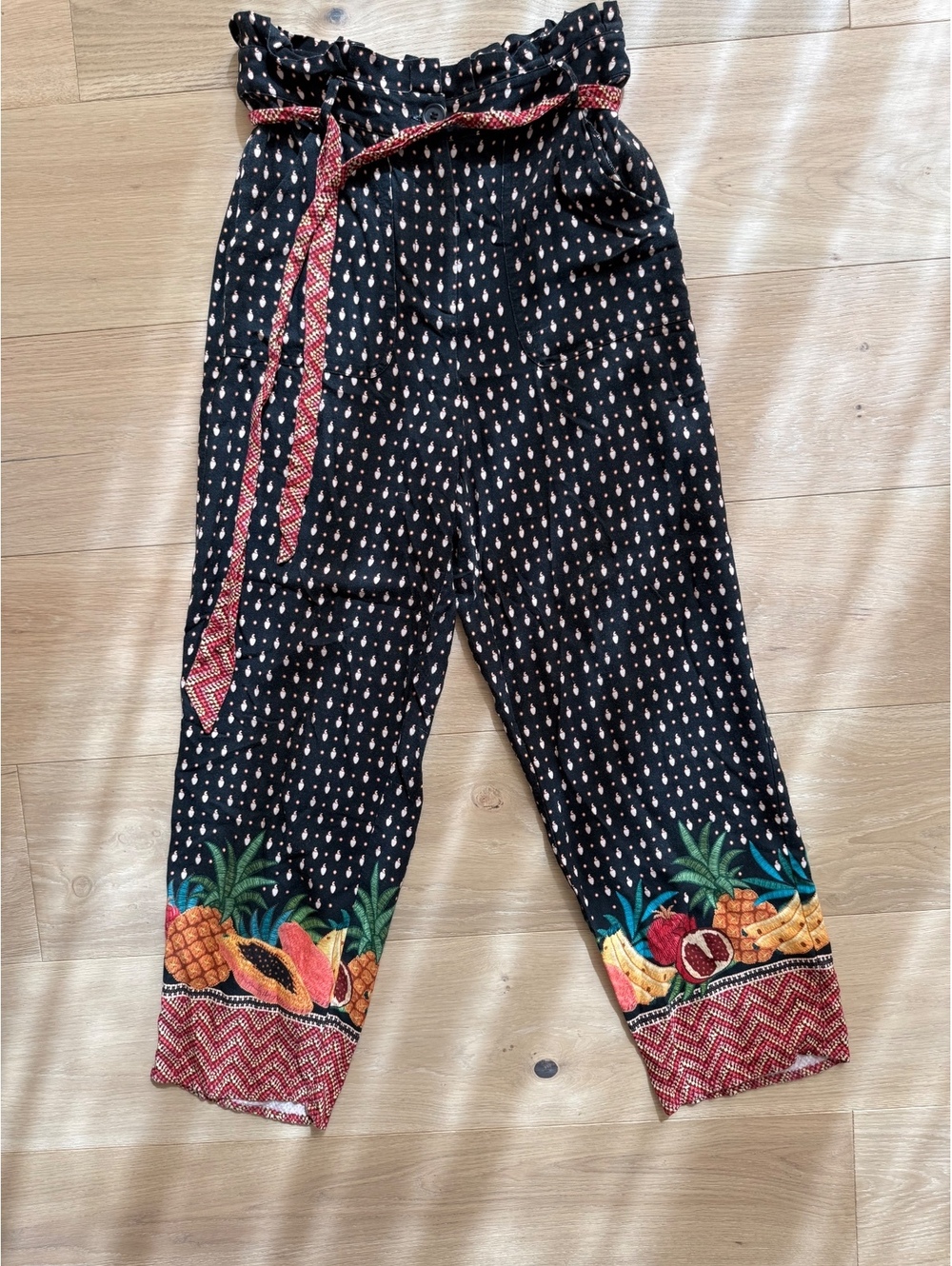 FARM Rio x Anthropologie Tucker Paperbag Pants Tropical Fruit Black XS
